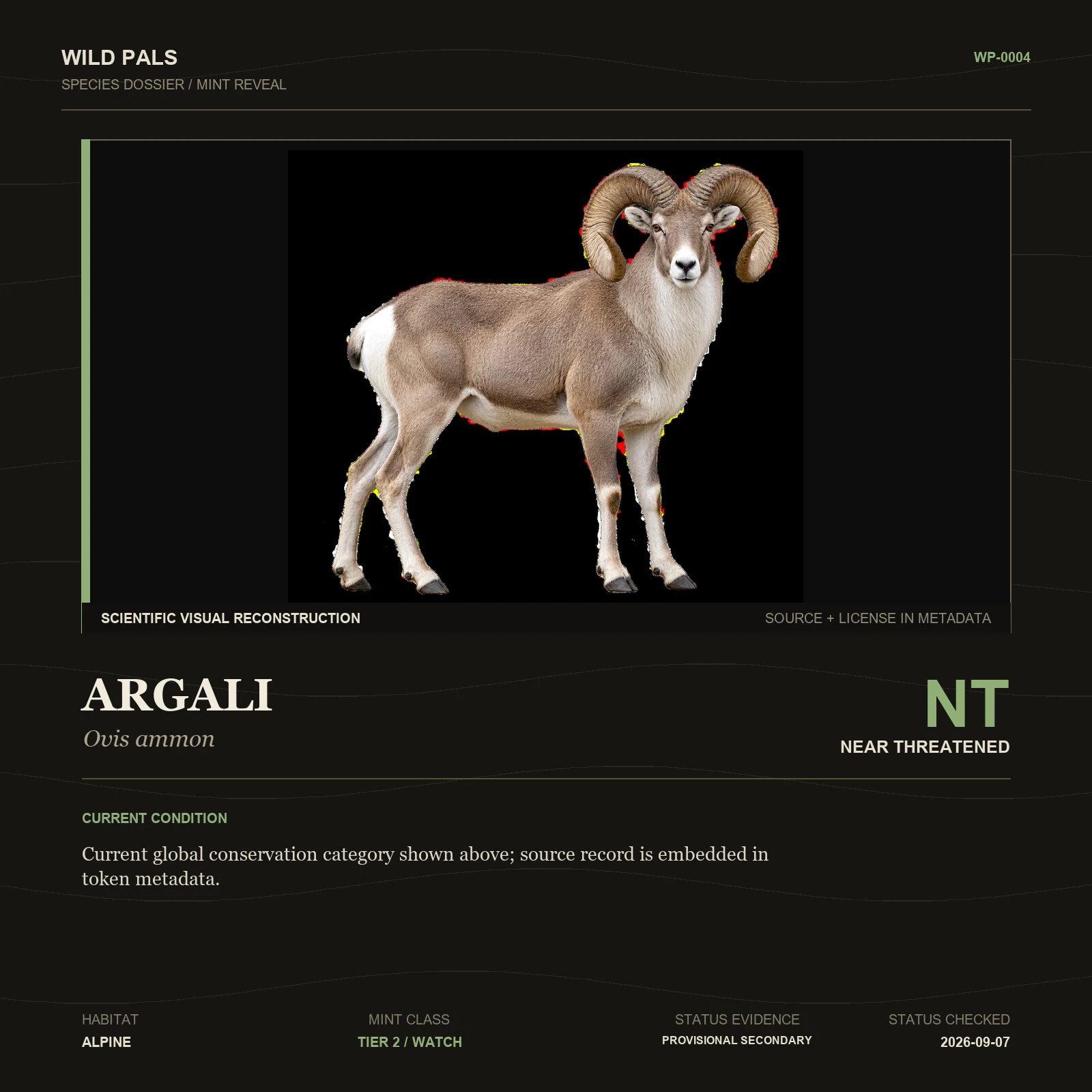 Argali species dossier with original animal reference and Near Threatened status