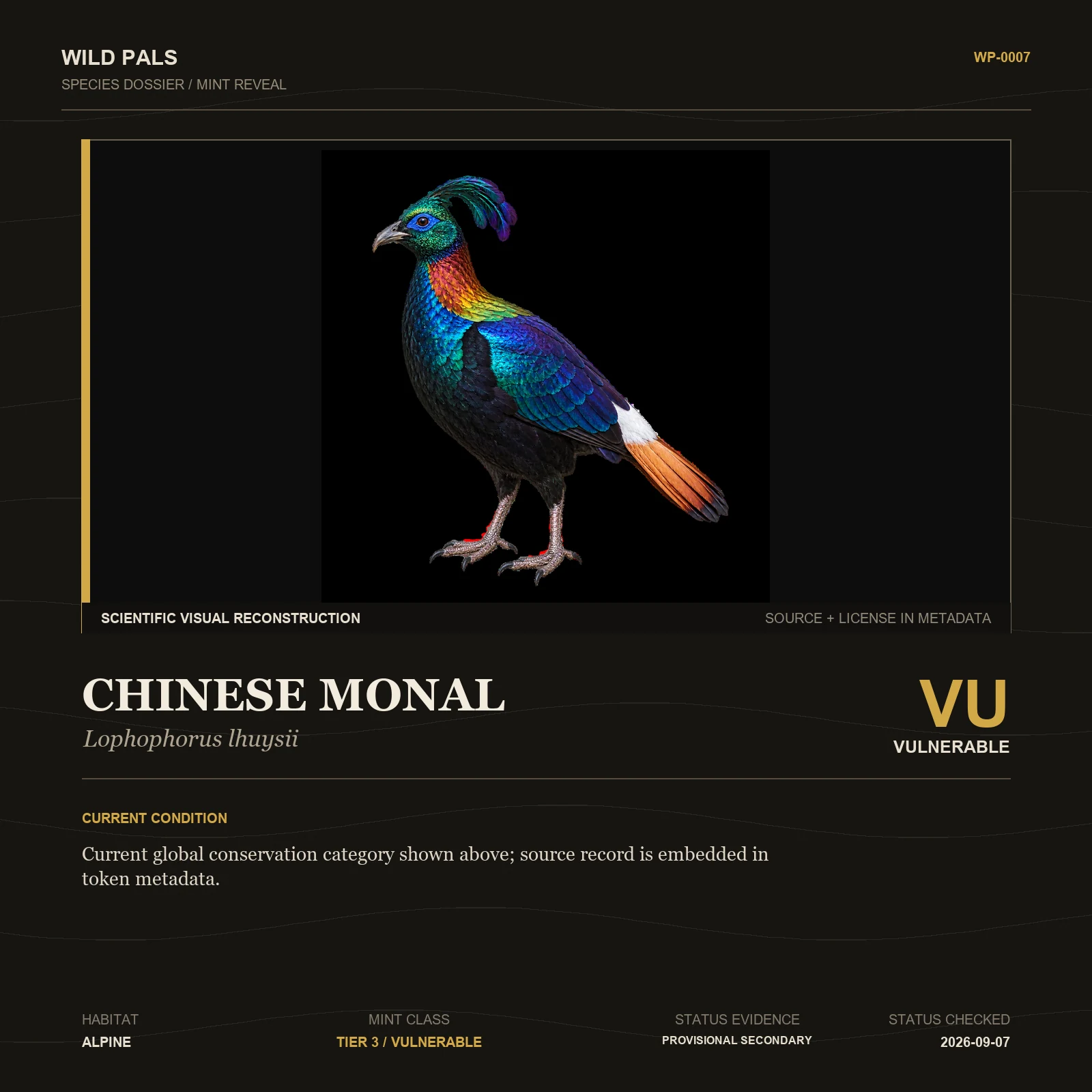 Chinese Monal species dossier with original animal reference and Vulnerable status