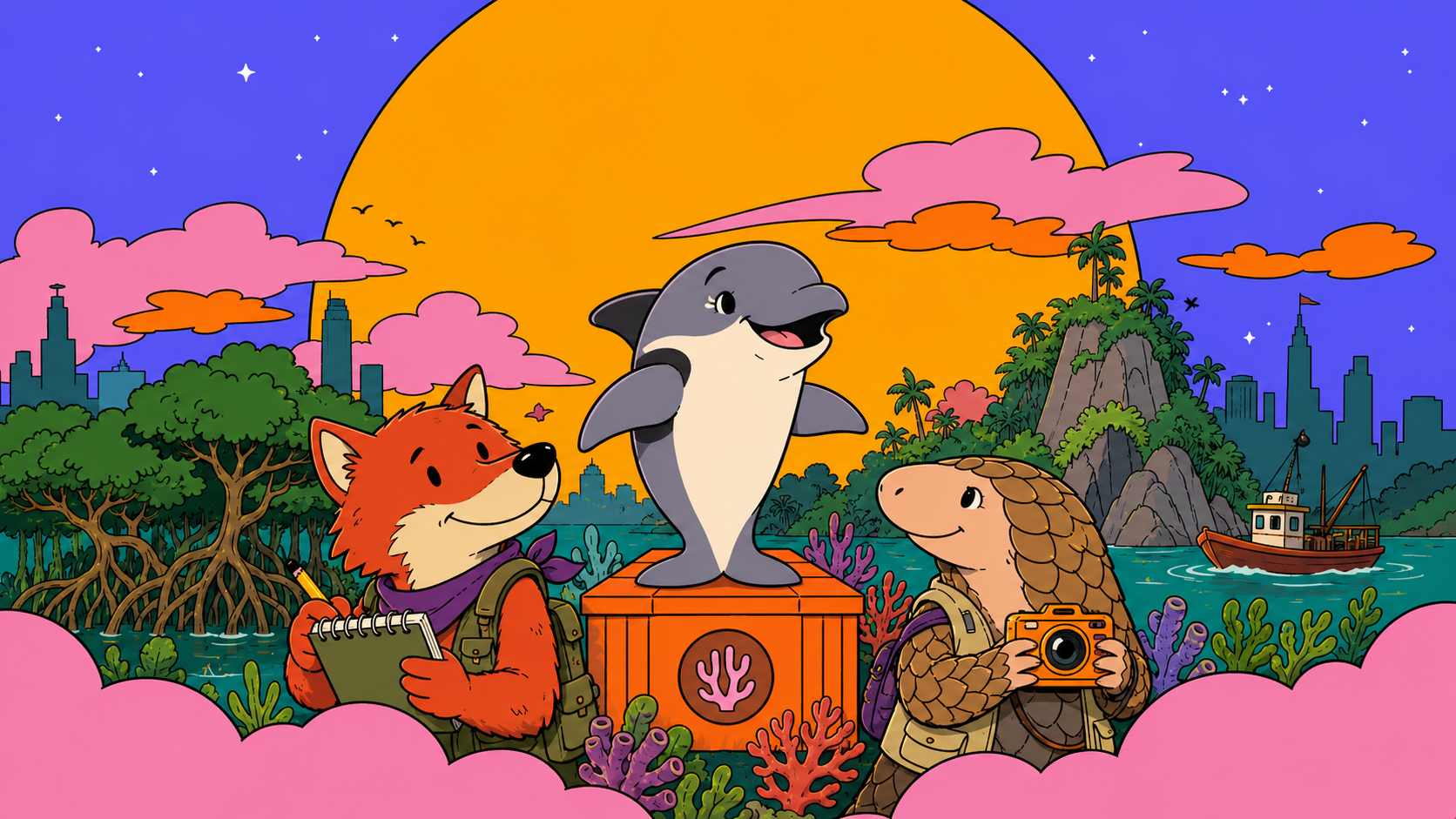 Vaquita, red wolf and pangolin exploring a colorful coastal habitat